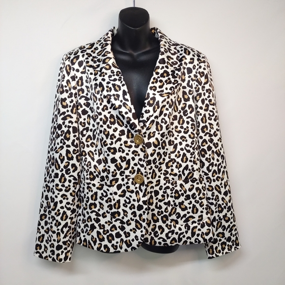 Laura Ashley Women's Black White Brown Leopard Print Blazer Jacket Size XL - Picture 1 of 9